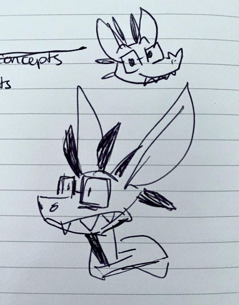 A dragon with tall ears and an overbite of snaggly teeth. They wear square framed glasses and appear nervous.