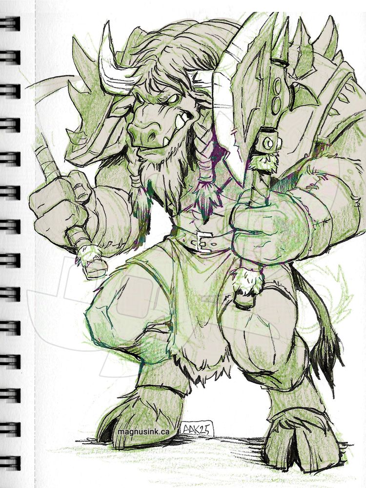 A ink and pencil colour drawing of a Tauren, an anthropomorphic bull character from World of Warcraft. They are standing at a three-quarter angle, ready for battle and holding a large axe in each hand. They have a long beard and twin braids that frame their face. They are wearing a crossband across their chest, a leather belt with a buckle and a fur-lined breech cloth. The character is snarling.