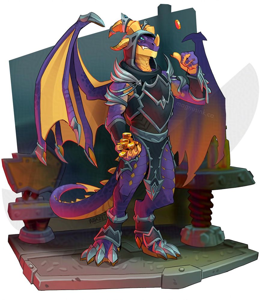 A dracthyr from World of Warcraft standing with a handful of gold coins in one hand, and flipping a single gold coin in the other hand. He had purple scales with yellow accents on his wings, horns, spikes and underbelly. He wears black and silver draconic-style armor. The dracthyr is standing on a metal platform vignette beside a scrapyard-style chair and table.