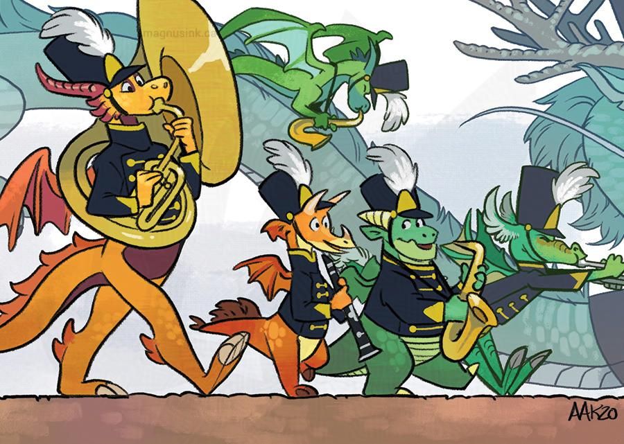 A marching band procession of colourful dragons. The dragons are all different sizes and each wears a black marching band outfit with a tall, feathered hat. The instruments being played include tuba, clarinet and saxophone.