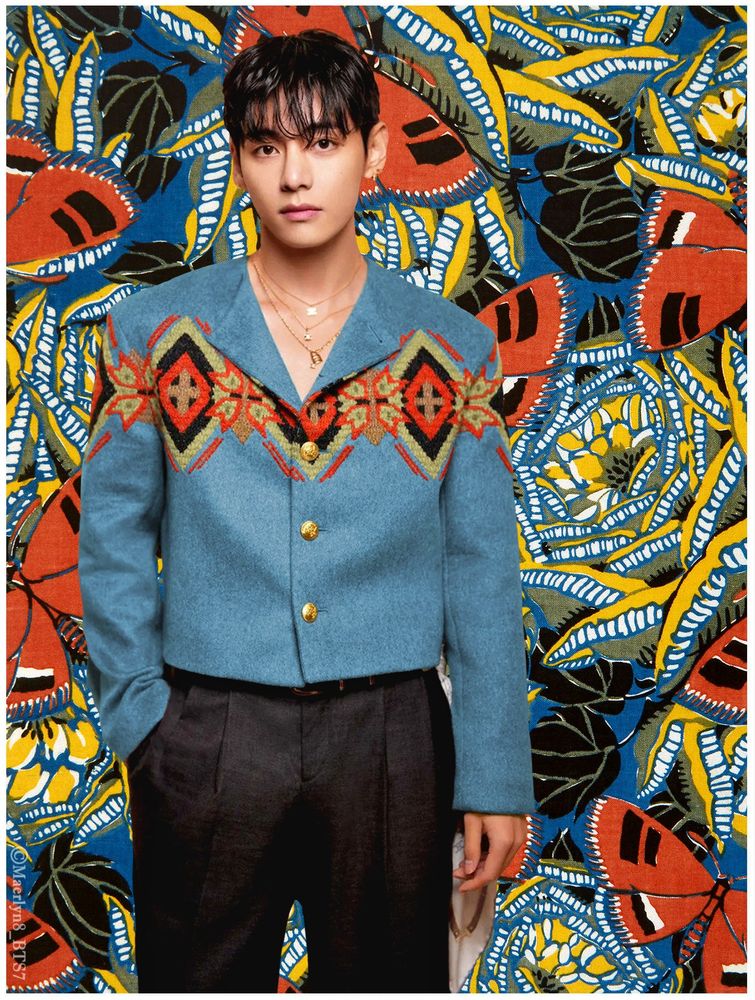 Taehyung with a bold red, green, brown design on his shirt that mimics the large butterflies behind him. 