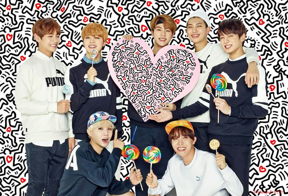 BTS, lollipops, and a bunch of Keith Haring figures with red heart