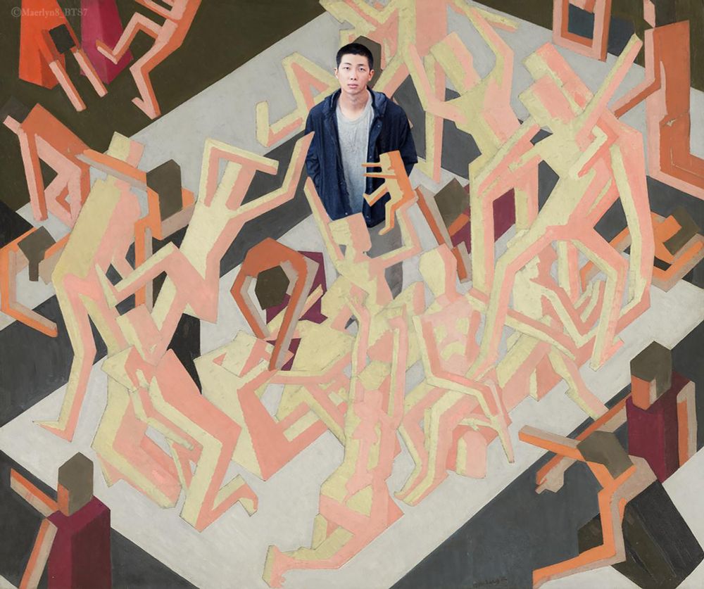 Namjoon standing amongst a throng of figures.