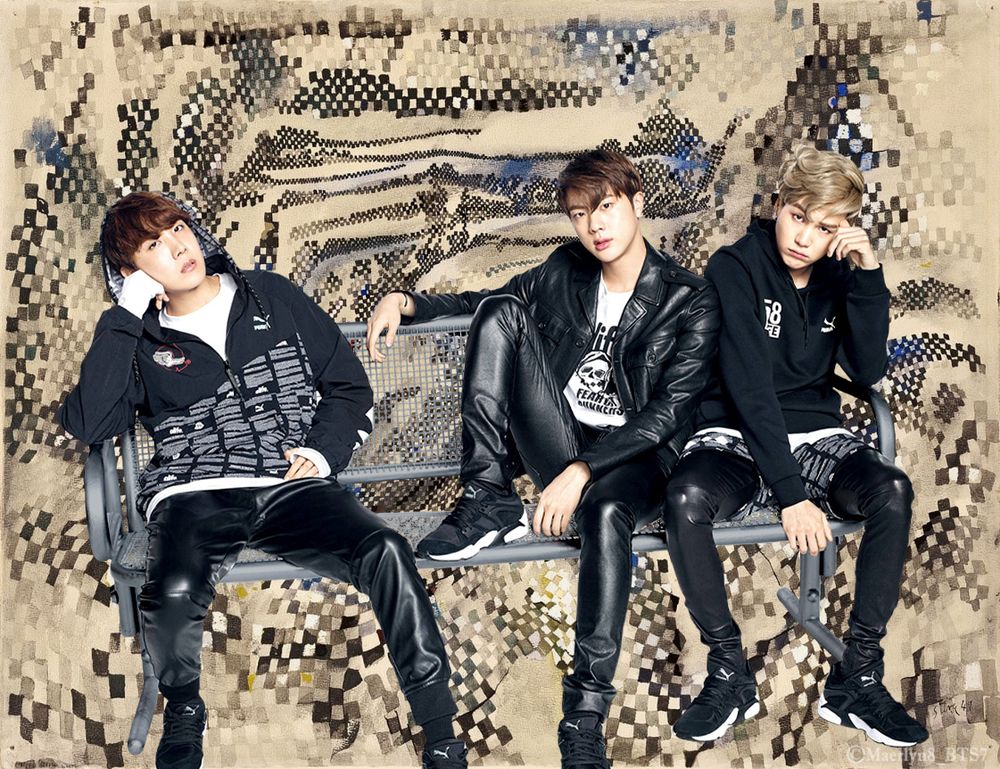 JHope, Jin, and Suga sitting on a metal bench, all wearing black (and at least one piece of leather each). JHope and Suga flank the sides, heads resting on their hands, while Jin sits, leg up in the middle, pressed against Suga.