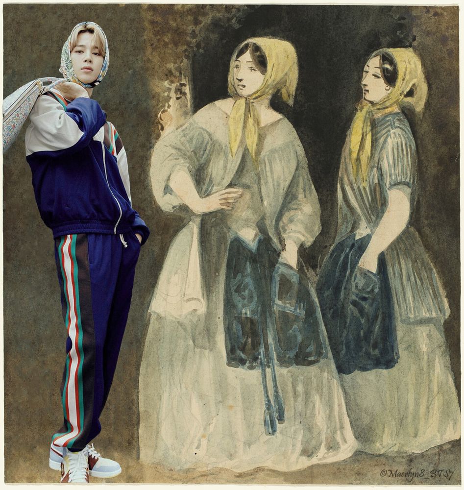 Jimin with his kerchief over his head, serving in a very model-like pose, next to two kerchief wearing women who look annoyed or stunned (or jealous).
