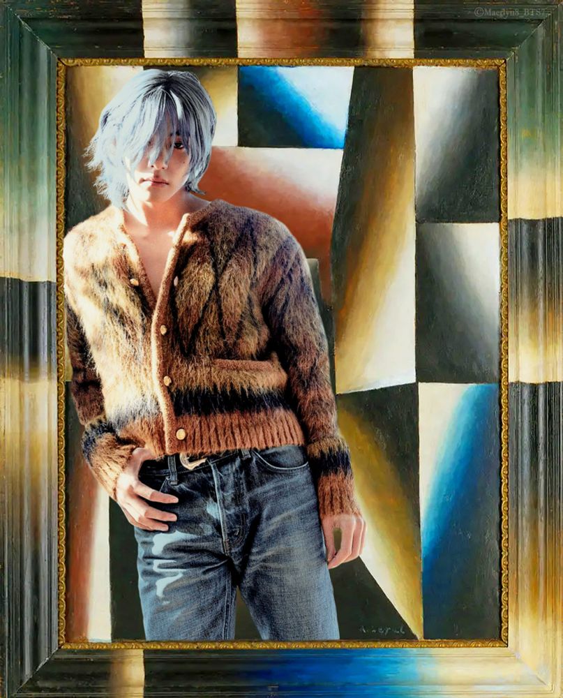 Taehyung, with blue-ish hair and a fuzzy brown sweater, in all his shiny glory