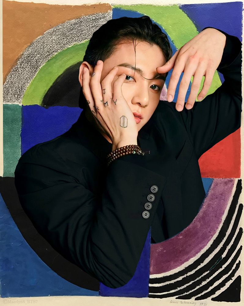 Jungkook, hands near his face, in a swirl of color