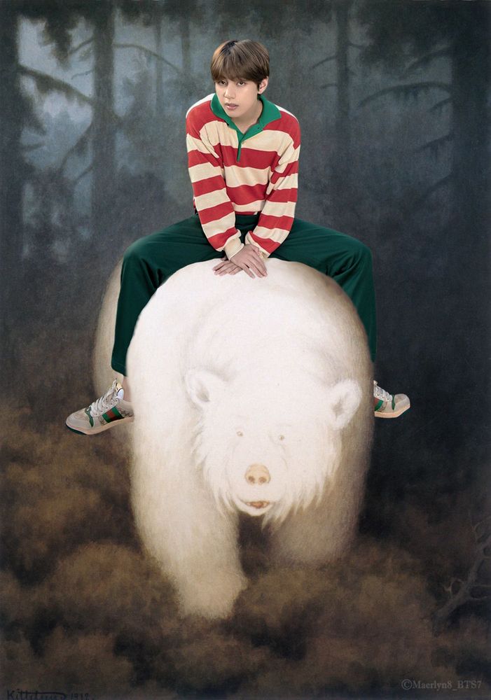 Taehyung riding on the back of a giant white bear