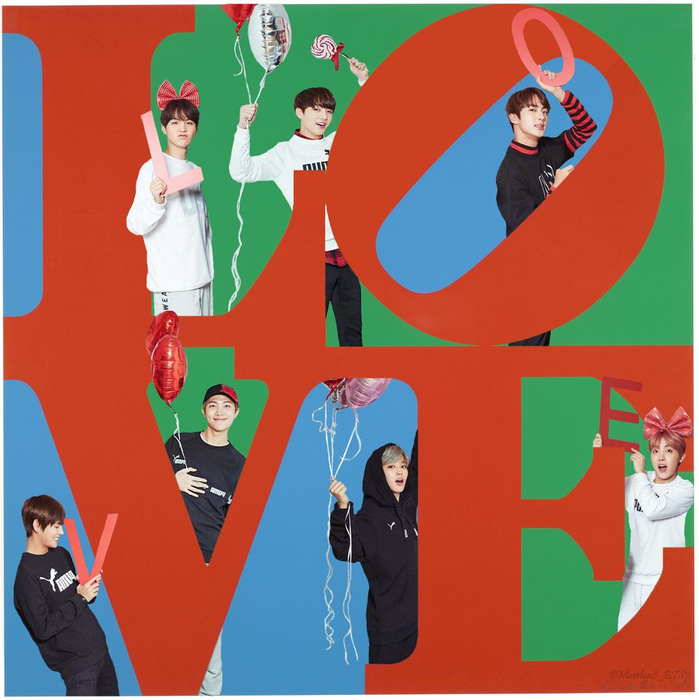 BTS holding heart balloons and the letters in LOVE