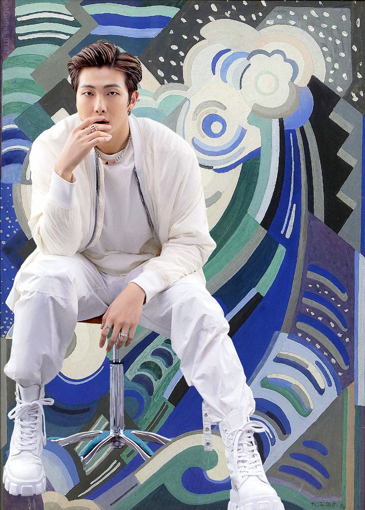 Namjoon, in white, sitting amongst blues, purples, and teals.