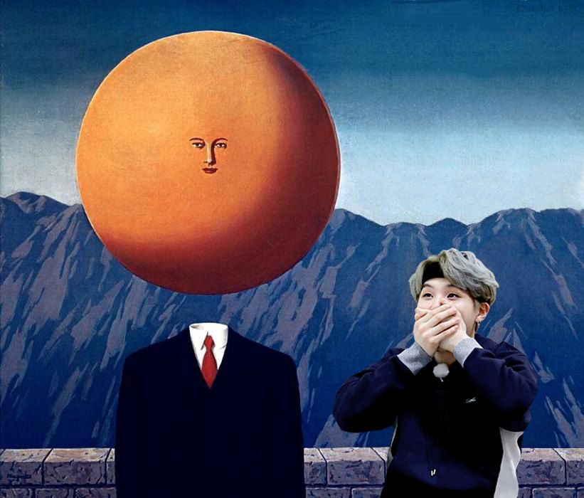 Yoongi, covering his mouth, shocked and smiling, next to a man with a giant floating head that looks like a tangerine (that was a strange description to write!)