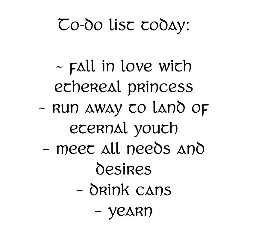 Stolen from Blue Niall's Insta. It reads

To-do list today:
-Fall in love with ethereal princess 
-Run away to land of eternal youth
-Meet all needs and desires
-Drink cans
-Yearn