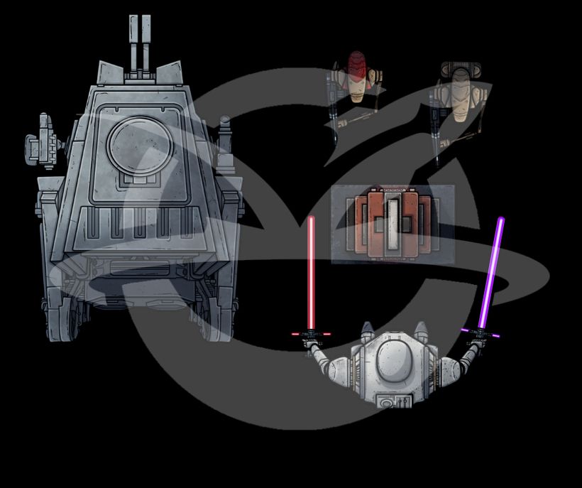 A watermarked image showcasing The Planet Hoppers asset pack "Space Knights: Walker" featuring various phase blades, a 'chicken' walker mech, rescue bots, combat droids, and other similarly Star Wars themed scifi assets.