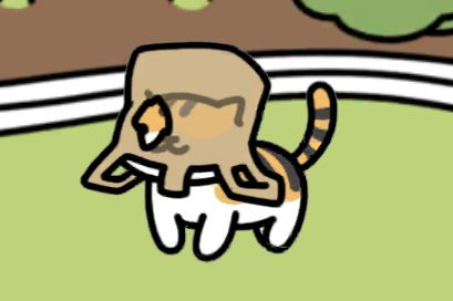 Anime style Cat from mobile game Neko Atsume wearing a tattered bag over its head. Head empty, only whimsy.