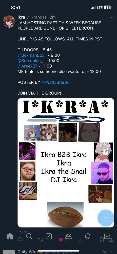 screenshot of bluesky post depicting a VRChat music event poster covered jn pictures of "Dj" Ikra, & memes about football. Lineup lists "ikra b2b ikra, Ikra, Ikra the snail, DJ Ikra" it is uncertain if Ikra actually performed.