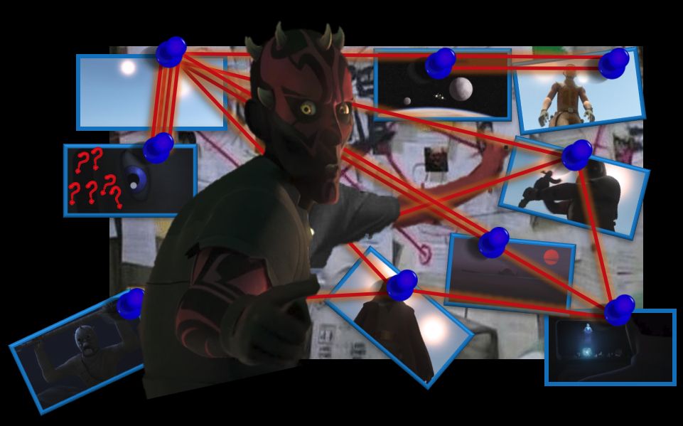 crazed darth maul from star wars in front of a conspiracy board of photos and red lines