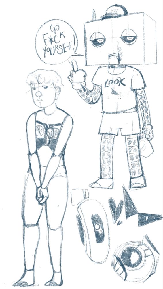 Sketch page of robots with on top right my OC Crybot, a kind of Futurama-esque looking robot with a tee of a cheap iced tea brand, undies, he's smoking while making the middle fingers and holding a bag of chips. On the bottom left there's my OC Four, an android with a doll-like body, it's chest is open on components. On the bottom right there are portraits of GLaDOS, Wheatley and Hal Strider from Homestuck