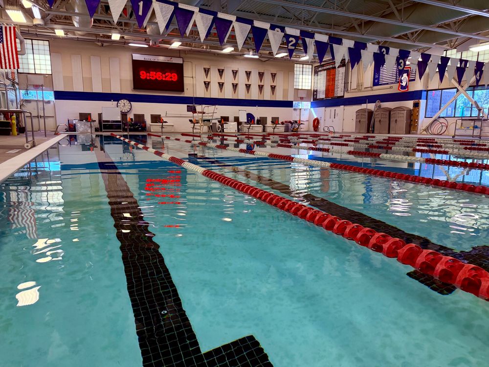 The indoor swimming pool at the Teton County Recreation Center. The view is from the corner of the pool in the first lane. 