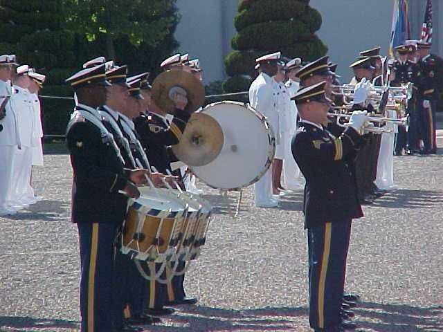 Eighth US Army Parade performing at United Nations Ceremony for repatriation of military remains from the Korean War. Knight Field, Yongsan Main Army Base, Seoul, ROK 2001.