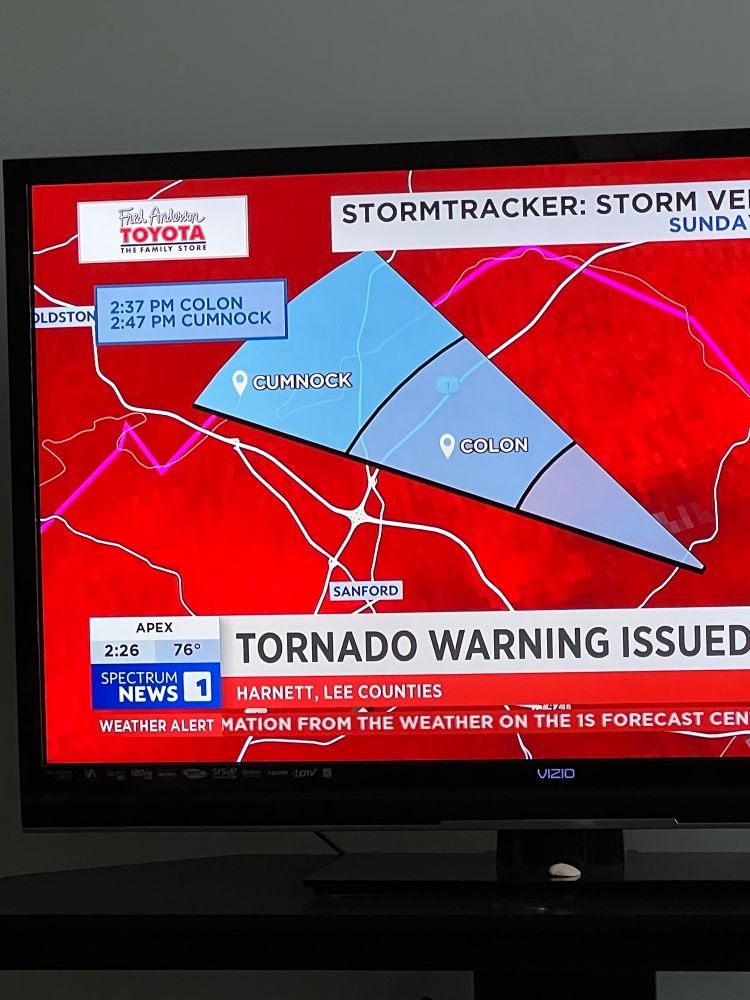 Screenshot of tornado warning on local news