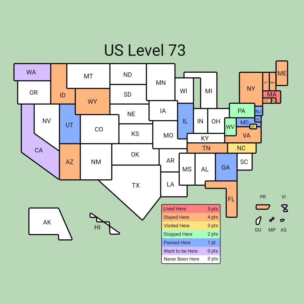 Stylized map of the contiguous US and territories with states marked in different colors