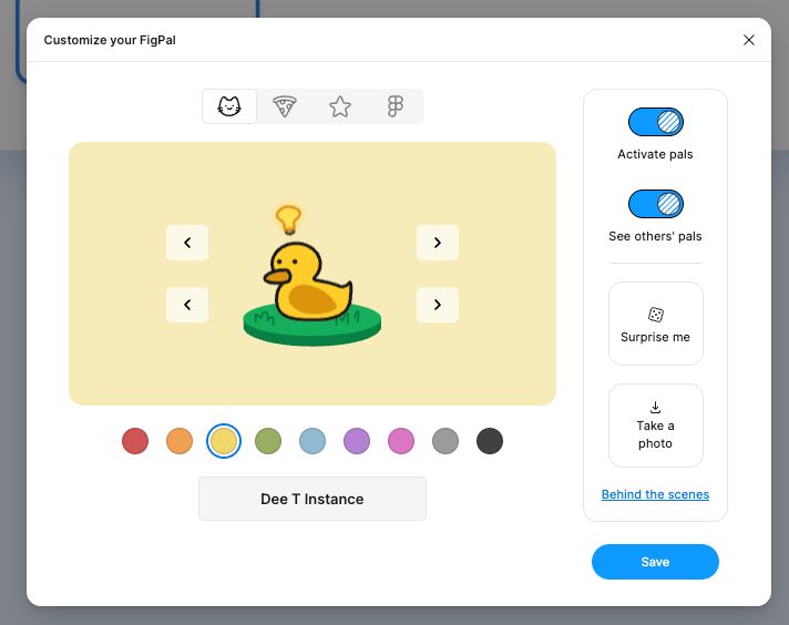Character creator panel in the design software Figma. In the middle is a yellow duck with a lightbulb above its head. It has the name "Dee T Instance".