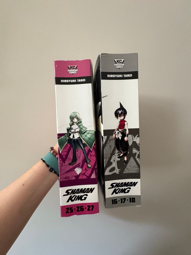 Photo of two thick graphic novels. The series is Shaman King vol 25-27 and vol 16-18