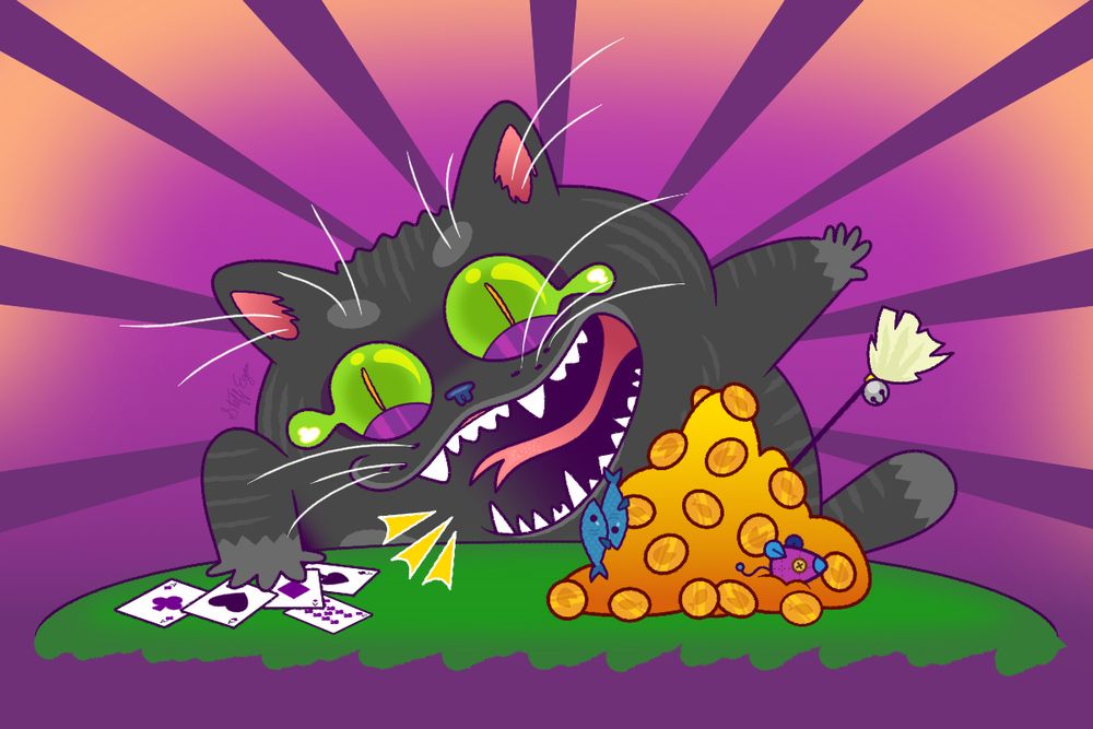 A very ecstatic cat slaps down a four of a kind (Aces). There's a pile of cat money along with fish, mouse, and a cat wand.