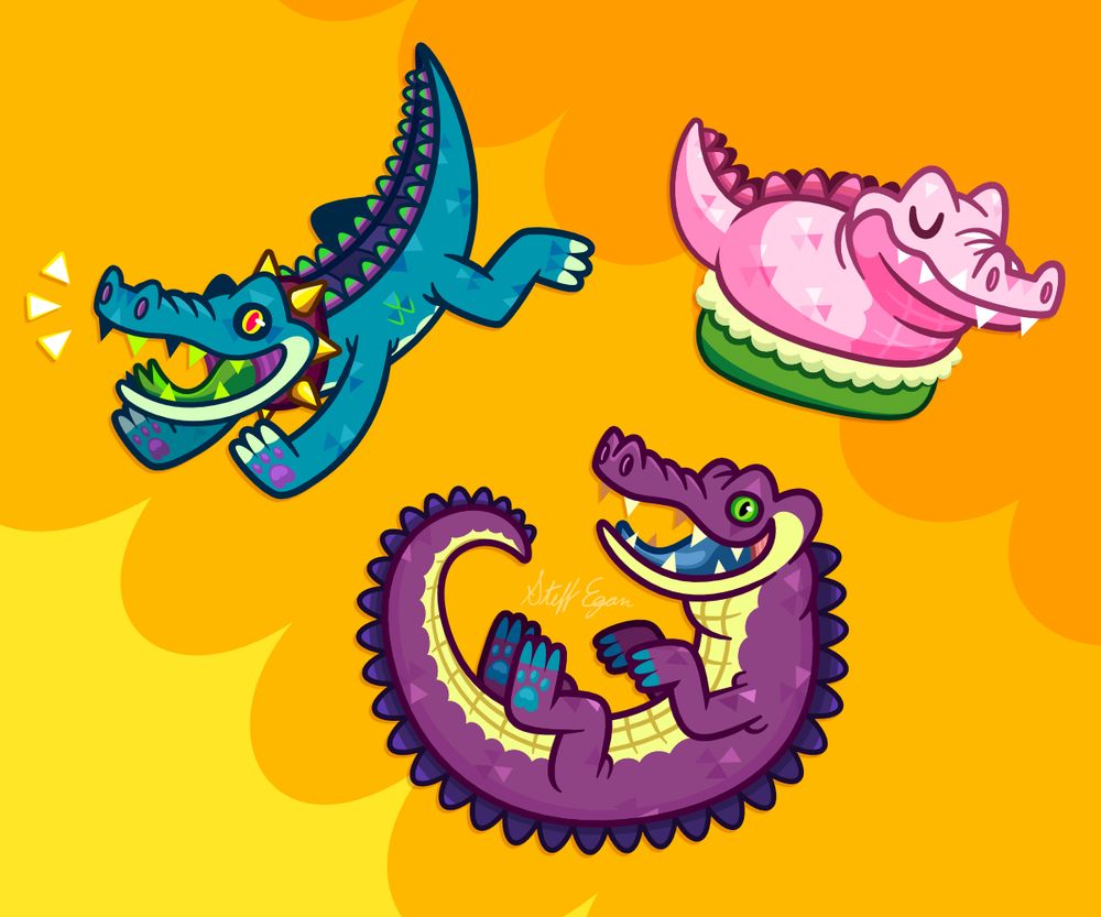 3 cartoon gators on a yellow background. Top left is blue with a spiky red collar, top right is pink and sitting squished in a pet bed, the bottom gator is purple and just happy to see you.