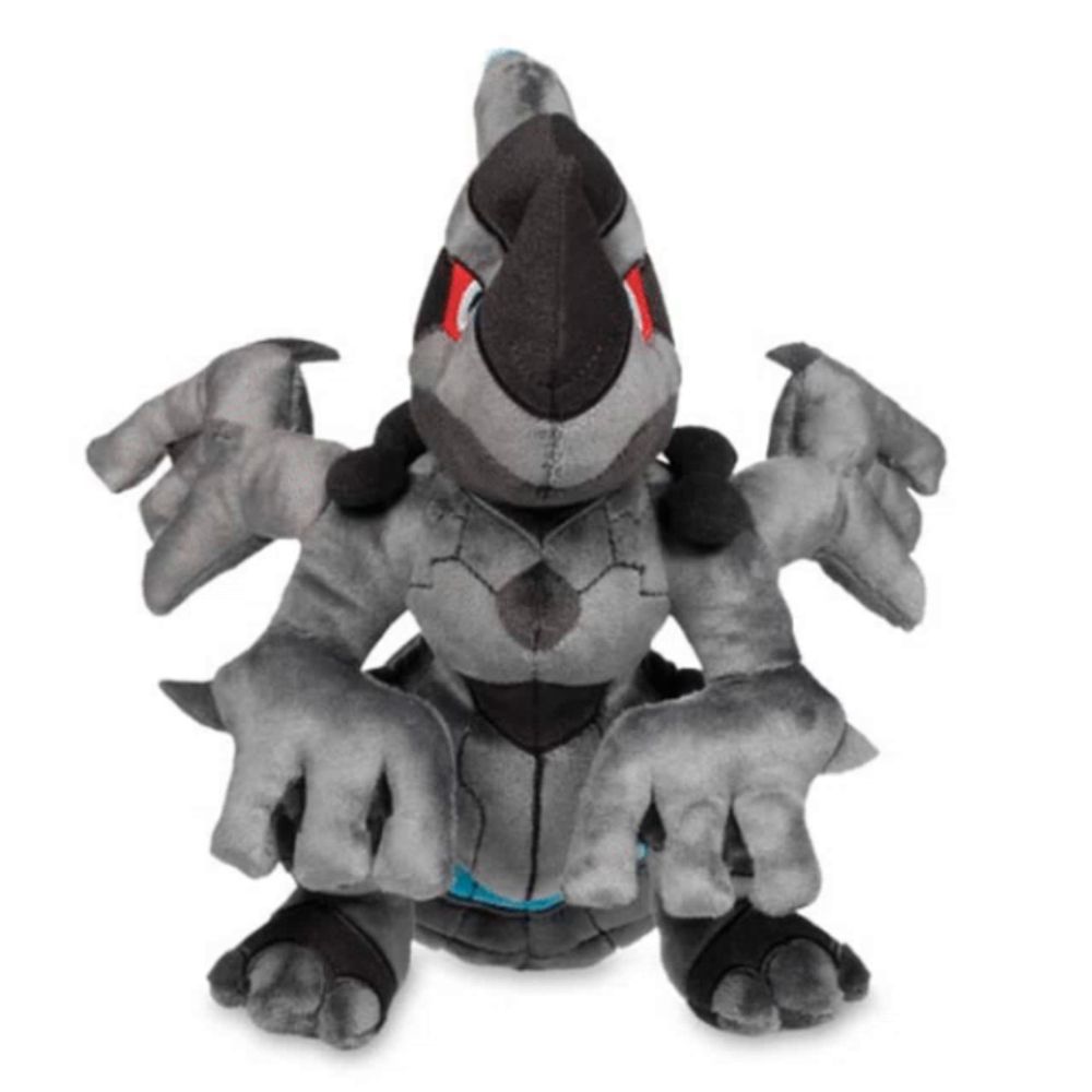 a black and grey stuffed animal with red eyes