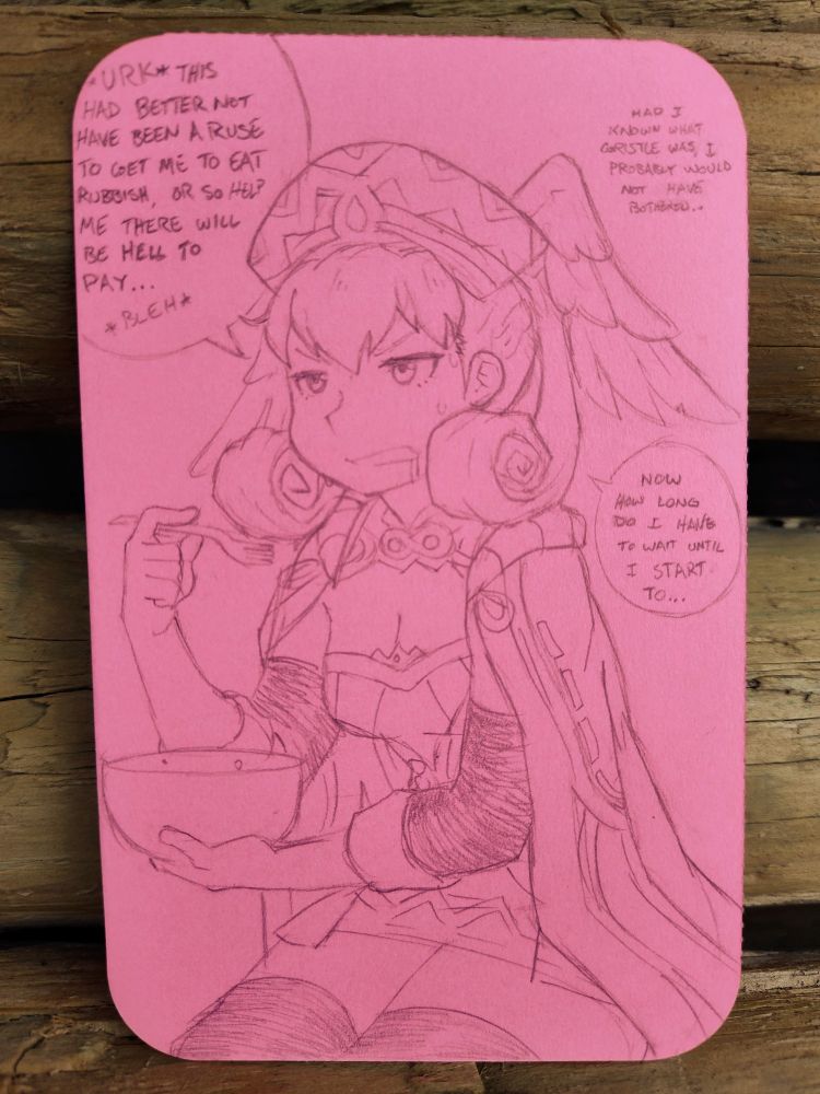 "*urk* This has better not have been a ruse to get me to eat rubbish," groans Melia Antiqua from Xenoblade, "or so help me there will be hell to pay... *bleh*" Melia is visibly repulsed at what she just ate, though stomach through it she did, evident by her now empty bowl. "Had I known what gristle was, I probably would not have bothered..." She mutters to herself. "Now how long do I have to wait until I start to..."