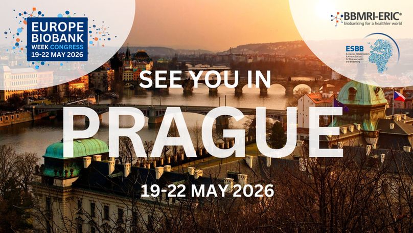 A sunset vista of the river in Praha with the words 'see you in Prague, 19-22 May, 2026' over the top. The EBW, BBMRI and ESBB logos are present