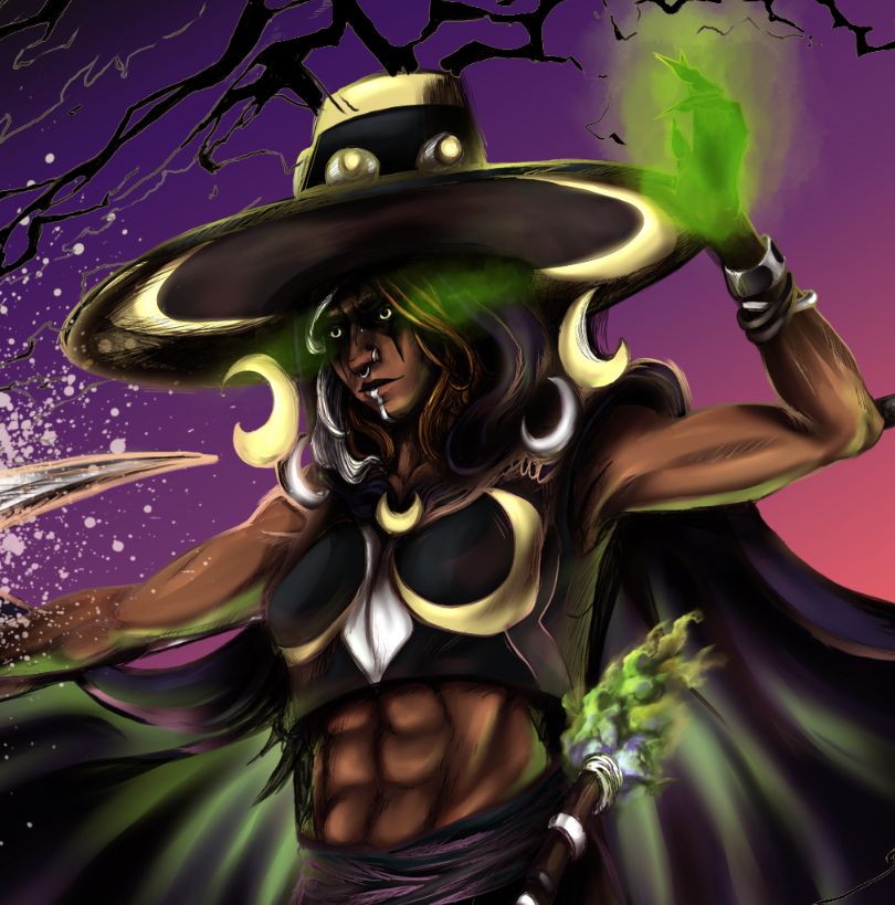 a close up cropped image to show off details of Hecate's face, where you can see her glowy moon eyes. black make up darking her eyes and coming down to a point, there is a silver accent that runs from her bottom lip to her chin, wearing three nose piercings