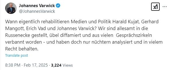 X-Post Johannes Varwick: Wann eigentlich rehabilitieren Medien und Politik Harald Kujat, Gerhard Mangott, Erich Vad und Johannes Varwick? Wir sind allesamt in die Russenecke gestellt, übel diffamiert und aus vielen  Gesprächszirkeln verbannt worden - und haben doch nur nüchtern analysiert und in vielem Recht behalten.