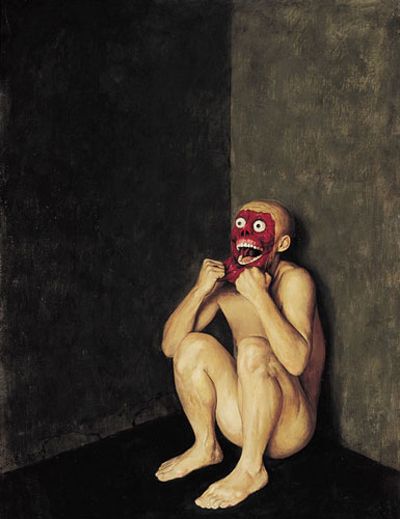 Painting by Xue Jiye. A naked man sits on the floor with his back against a wall and with both hands peels his face from his skull. He appears to be screaming. 