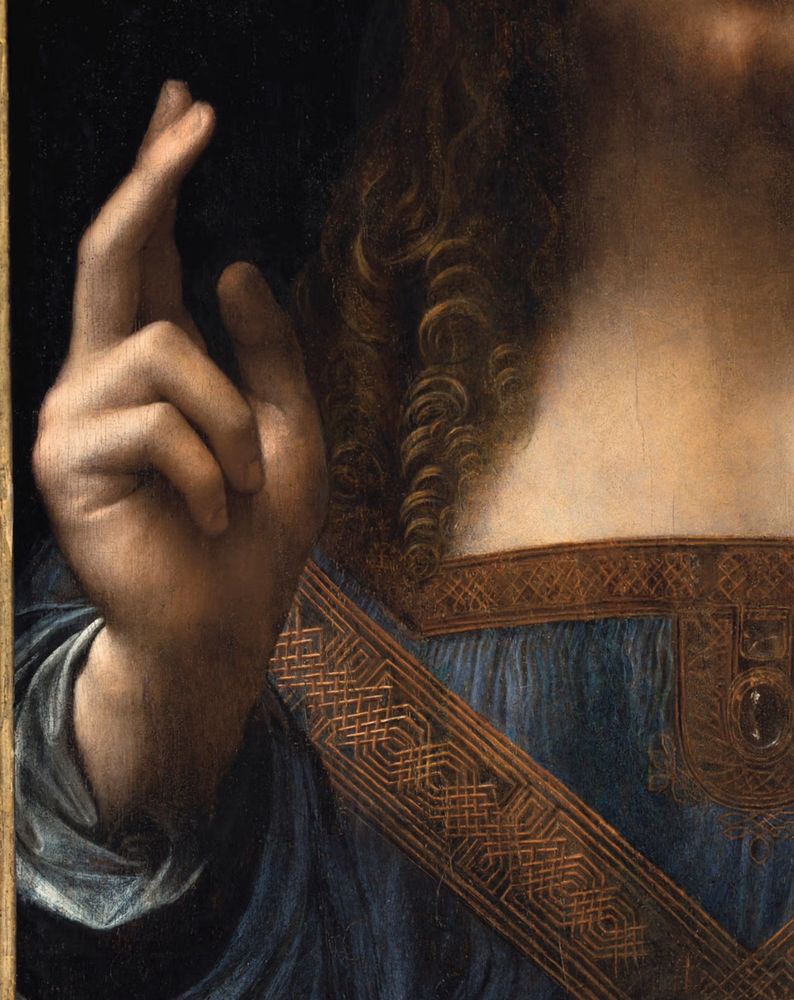 Close up of hand from Salvator Mundi, Leonardo da Vinci, in a gesture of benediction