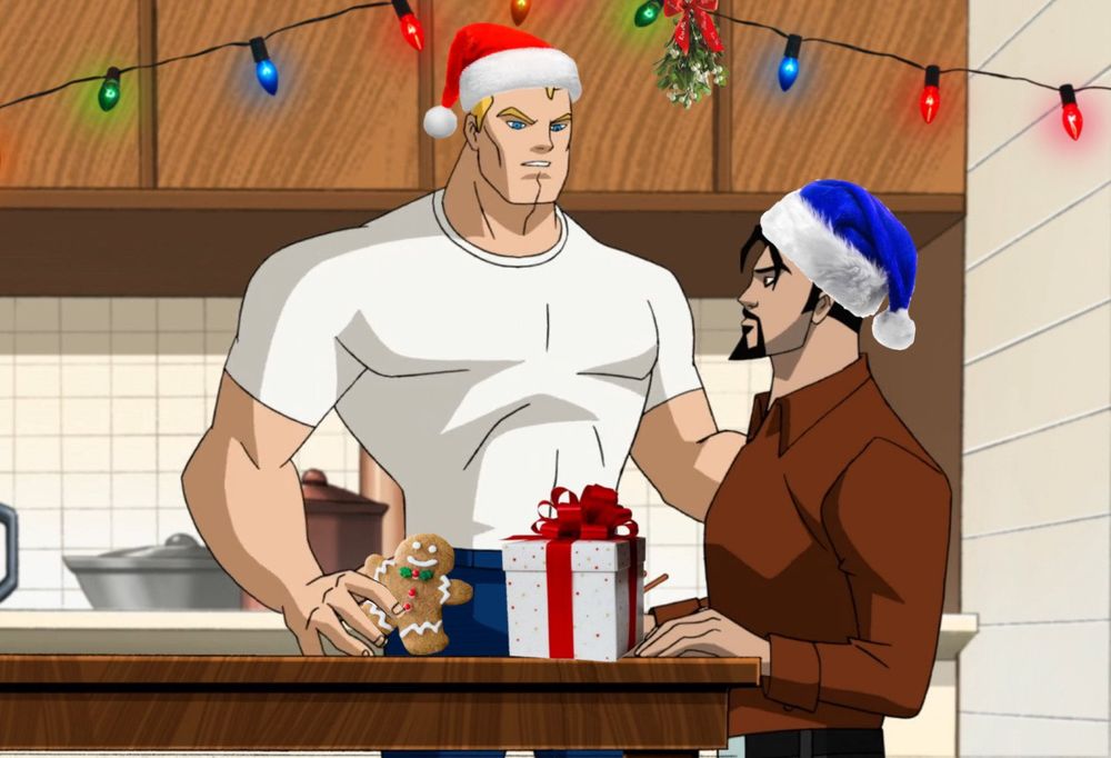 Steve and Tony from Avenger's: Earths Mightiest Heroes wearing santa hats and standing in a kitchen with holiday lights, presents and mistletoe 