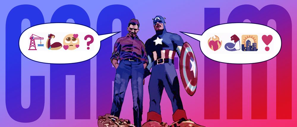616 tony stark and captain america having an emoji conversation about building a new home, set atop a gradient reading cap-im in bisexual pride flag colors