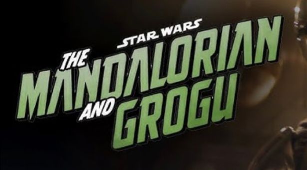 the title card text for the movie Star Wars: The Mandalorian and Grogu. the text is a sickly off-green gradient which warps itself down and then up again at a 30 degree angle.