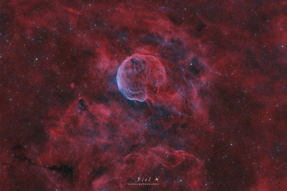 Au centre de l'image, des nuages d'hydrogène ionisé (et dans une moindre mesure d'oxygène ionisé en bleu) forment une structure présentant une ressemblance avec un cerveau. D'où le nom commun de ce reste de supernova : nébuleuse Medulla. Tout autour de cette nébuleuse spectaculaire, des nuages d'hydrogène ionisé sont visibles (en rouge). Il s'agit d'une image "HOO" : l’émission de l'hydrogène ionisé (H alpha) est attribuée à la couche rouge de l'image, tandis que l'émission de l'oxygène ionisé (OIII) est attribué aux couches vertes et bleues. L'image a été traitée de telle manière à rendre visible la présence d'hydrogène sur l'ensemble du champ. Un très long temps de pose (40h) a permis de rendre visible les très peu lumineux nuages d'oxygène (en bleu).