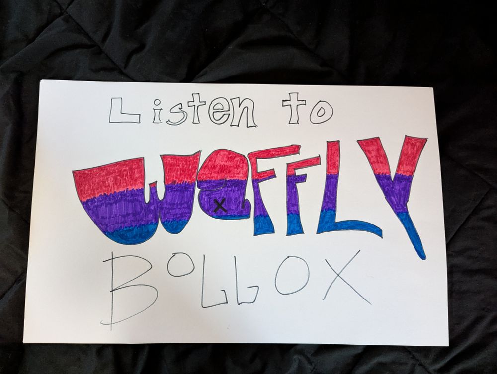 A very passable sign if drawn by a 6 year old saying to "Listen to Waffly Bollox" for me to take to AEW