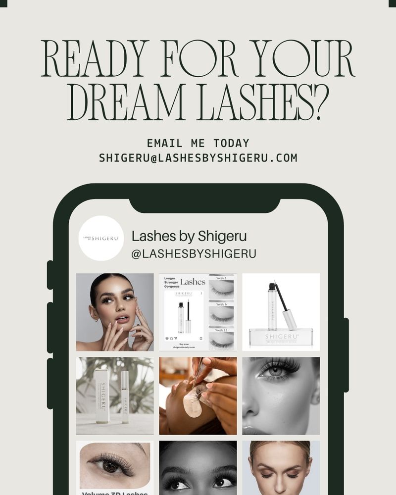 Promotional image for Lashes by Shigeru, featuring product images, social media handle, and contact email for lash services.