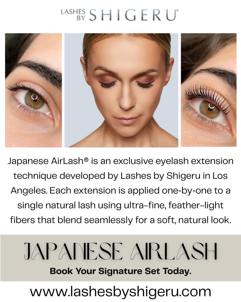 Lashes by Shigeru Japanese AirLash extensions with before and after results using ultra-light Japanese lash technique