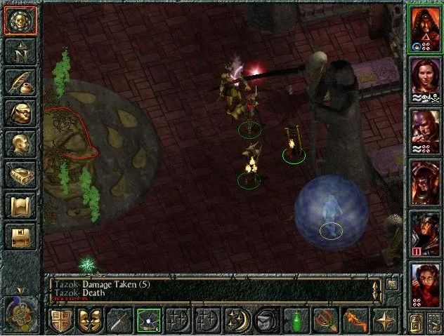 Baldur's Gate 2 in-game interface: on the left the system menu buttons (vertycally); on the right the party members' potraint with their buffs' icons; underneath the abilities' selection icons.