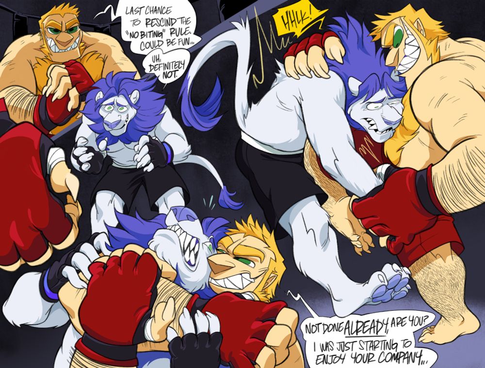 Multiple scenes of a fight between Leo, a white lion with a blue mane, and Alan, a blonde human with a thick patch of chest and body hair. The first image depicts the two facing off, with Alan saying "Last chance to rescind the 'no biting' rule. Could be fun...". Leo responds with "Uh, definitely not." The second scene depicts Leo and Alan in a clinch, with Leo taking a knee to the body. The third scene depicts Alan holding Leo in a chokehold. Alan growls in Leo's ear and says "Not done ALREADY, are you? I was just starting to enjoy your company..." In all three scene,s Alan has a sharp-toothed grin, and Leo looks terrified. #GayLionOCs