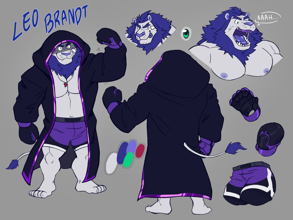 A ref sheet for Leo Brandt, a white lion with a blue mane. He's wearing purple and black boxing gear and a boxing robe. #GayLionOCs