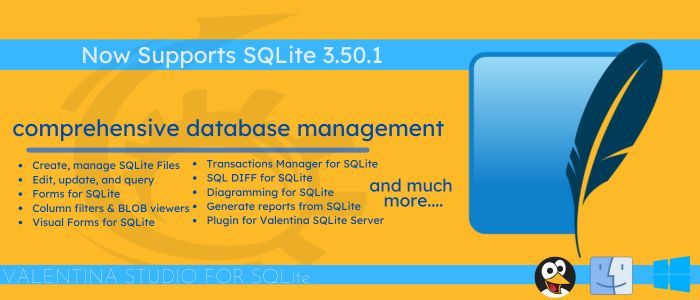 Valentina Studio now supports SQLite 3.50.1! Unlock powerful tools like visual schema editing, SQLDIFF, ER diagraming, and interactive forms—tailored for SQLite. Upgrade your workflow with precision + style. 