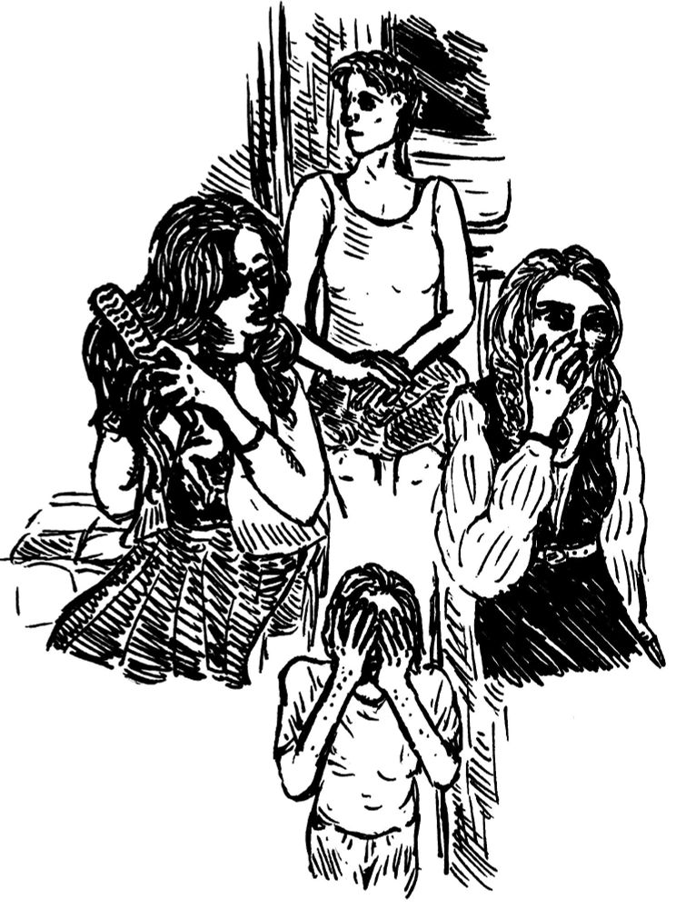 Illustration for the first chapter of our novel Lesbian Vampire Apocalypse (LVA) presenting the four main characters Audrey (left), Dove (top), Laura (right), and Marcus (bottom). Audrey is brushing through her long dark hair while wearing a long skirt, a jacket, and a black sabbath T-shirt with her eyes closed turned towards Laura. Dove is in a tank top on the subway looking towards the left with a short side shaved haircut and has a leather jacket in their lap. Laura is looking back towards Audrey while covering her mouth with her hand, wearing an intricate dress with long flowing sleeves. Marcus is wearing a t-shirt and jeans while covering his face entirely.