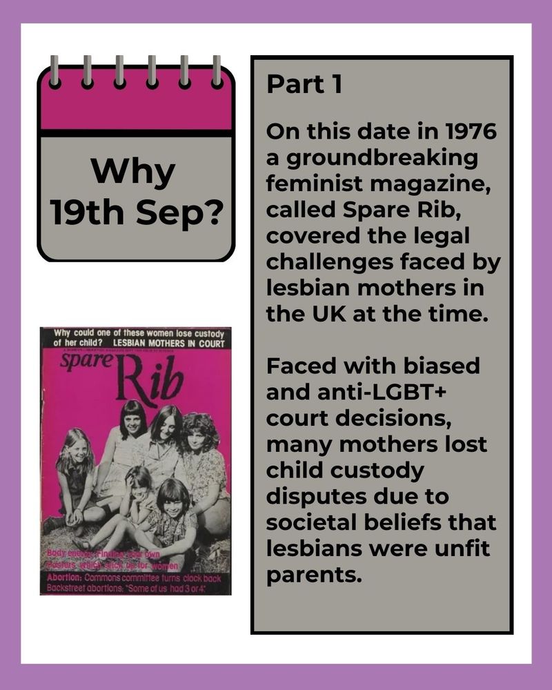 This image has a white background with a light purple border. There is an image of a magazine cover. The black text reads: Why 19th Sep? Part 1. On this date in 1976, a ground-breaking feminist magazine called Spare Rib covered the legal challenges faced by lesbian mothers at the time. Faced with biased and anti-LGBT+ court decisions, many mothers lost child custody disputes due to societal beliefs that lesbians were unfit parents.