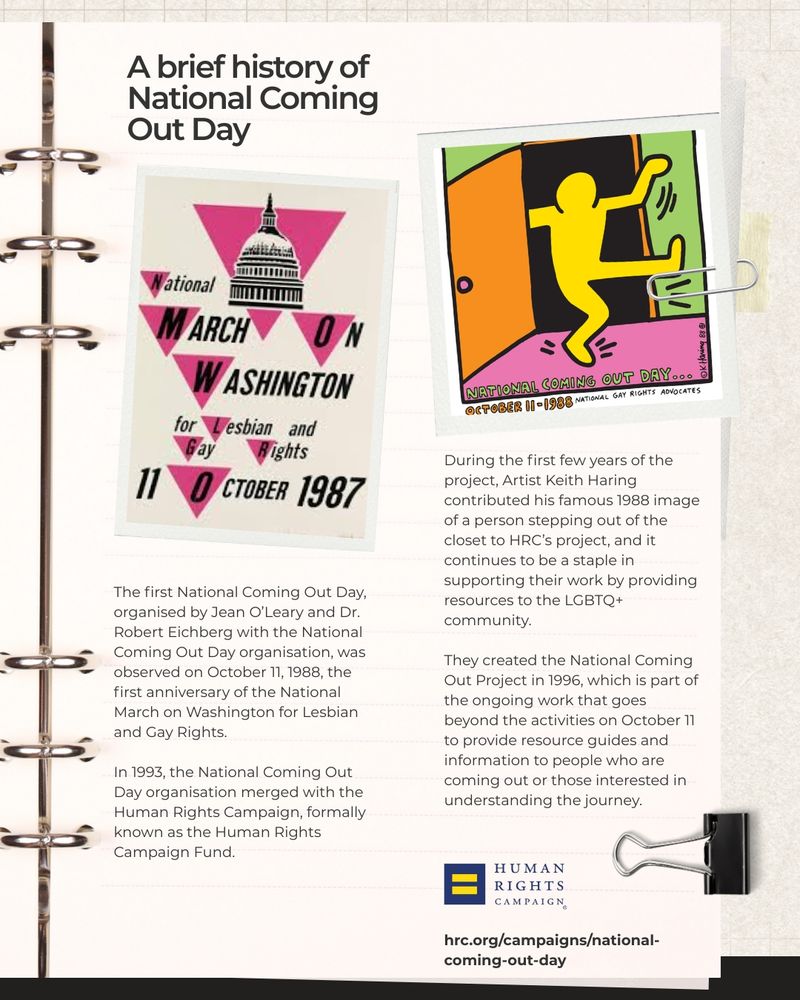 This image has a light brown textured background with an illustration of a file open, with different paper clips. There are two images, one a Keith Haring design of someone coming out of the closest ad a poster for the National March on Washington for Lesbian and Gay rights. The black text reads: he first National Coming Out Day, organised by Jean O’Leary and Dr. Robert Eichberg with the National Coming Out Day organisation, was observed on October 11, 1988, the first anniversary of the National March on Washington for Lesbian and Gay Rights.   In 1993, the National Coming Out Day organisation merged with the Human Rights Campaign, formally known as the Human Rights Campaign Fund. During the first few years of the project, Artist Keith Haring contributed his famous 1988 image of a person stepping out of the closet to HRC’s project, and it continues to be a staple in supporting their work by providing resources to the LGBTQ+ community.  They created the National Coming Out Project in 1996, which is part of the ongoing work that goes beyond the activities on October 11 to provide resource guides and information to people who are coming out or those interested in understanding the journey.       hrc.org/campaigns/national-coming-out-day